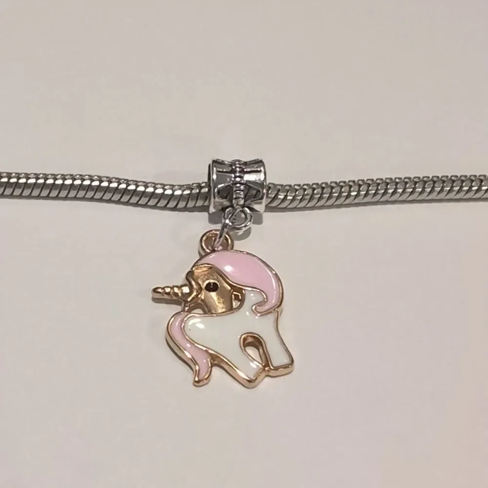 Silver Gold Pink and White Enamel Unicorn Charm for Pandora‎ Style Bracelet